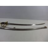 A CAVALRY SWORD AND SCABBARD OF UNKNOWN AGE, 87CM BLADE, PIERCED BRASS GUARD