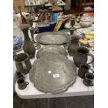 A LARGE QUANTITY OF VINTAGE PEWTER TO INCLUDE PLATES, VASES, CANDLESTICKS AND TANKARDS