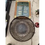 A VINTAGE METAL BASKET AND A FRAMED GOLF CLUB SET