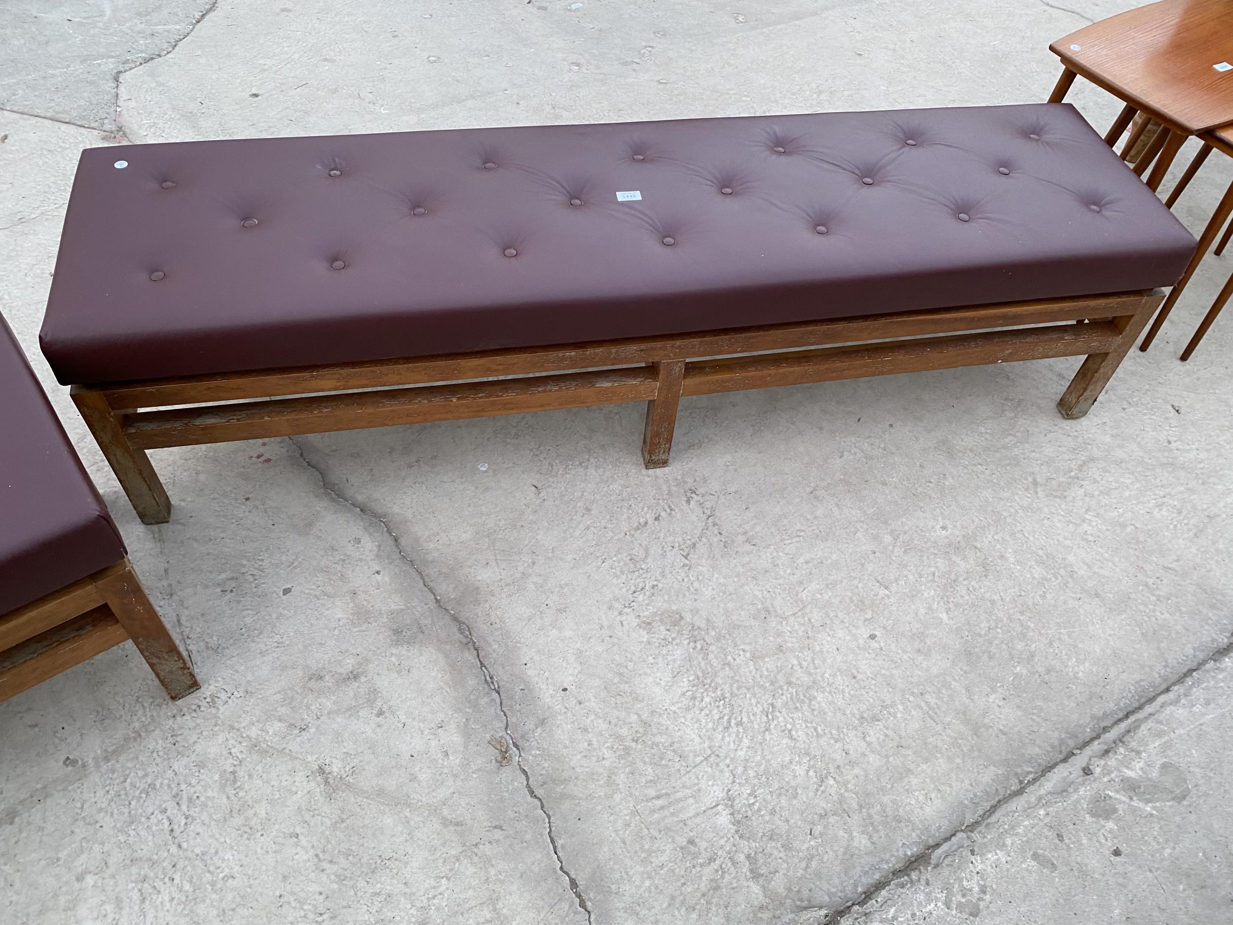 A RETRO TEAK LONG BENCH, 72X18", WITH BUTTONED TOP