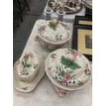 THREE FRENCH PORCELAIN SERVING POTS WITH LIDS, FLORAL DECORATION AND APPLE FINIALS PLUS A PAIR OF