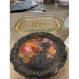 TWO VINTAGE TRAYS TO INCLUDE A BLACK METAL ONE WITH FLORAL DECORATION