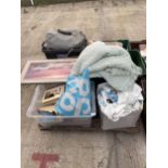 AN ASSORTMENT OF HOUSEHOLD CLEARANCE ITEMS TO INCLUDE BOOKS AND MATERIAL ETC