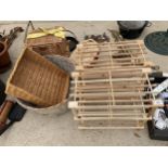 TWO WOODEN SHOE RACKS AND AN ASSORTMENT OF WICKER BASKETS