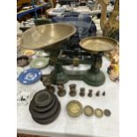 A VINTAGE SET OF 'THE VIKING' SCALES WITH BRASS PANS AND FULL SET OF WEIGHTS