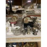 A MIXED LOT TO INCLUDE SILVER PLATED TROPHIES, GLASS DRESSING TABLE POTS, A CERAMIC MANTLE CLOCK,