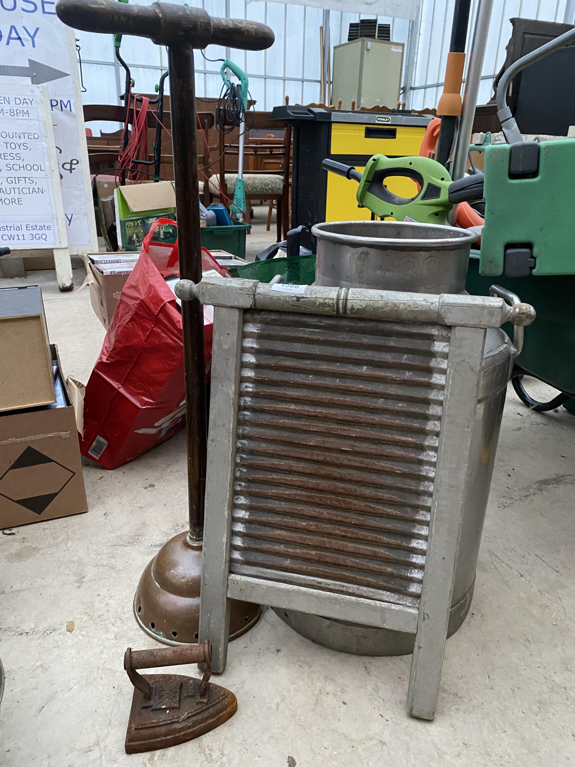 A VINTAGE WOODEN WASH BOARD, A COPPER POSSER AND A FLAT IRON ETC