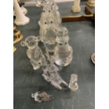 A QUANTITY OF GLASS FIGURES TO INCLUDE PENGUINS, SNOWMEN, HORSES, A DOLPHIN, ETC