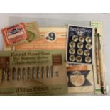 A QUANTITY OF VINTAGE SHOP ITEMS ON CARDS TO INCLUDE COLLAR STUDS, PEN NIBS, ARTISTS PAINT