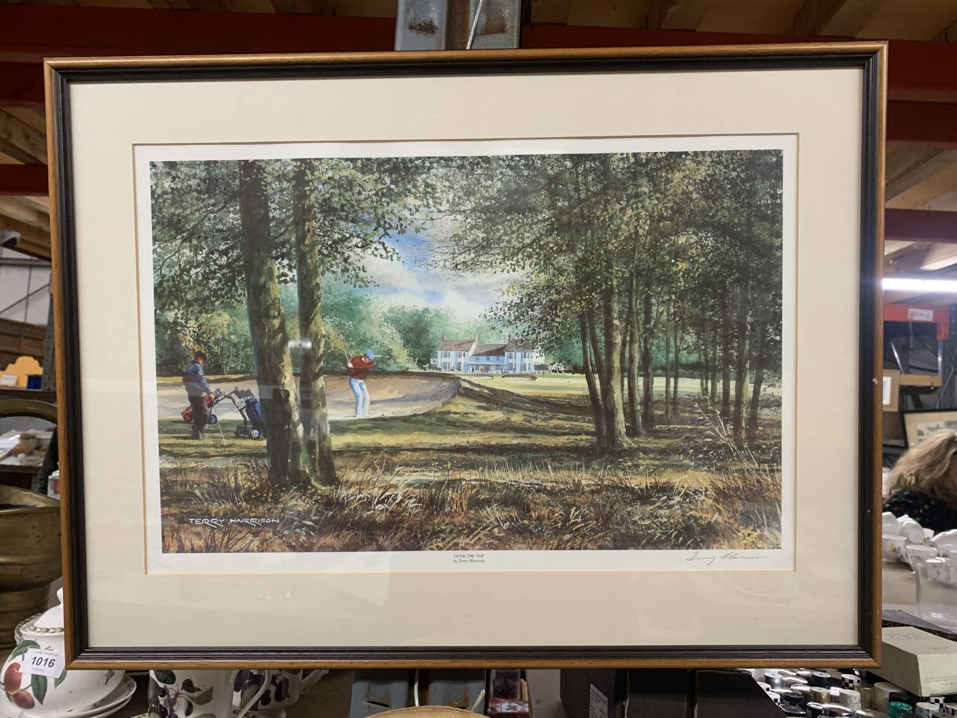 A GOLFING PRINT TITLED 'OVER THE TOP' SIGNED BY TERRY HARRISON
