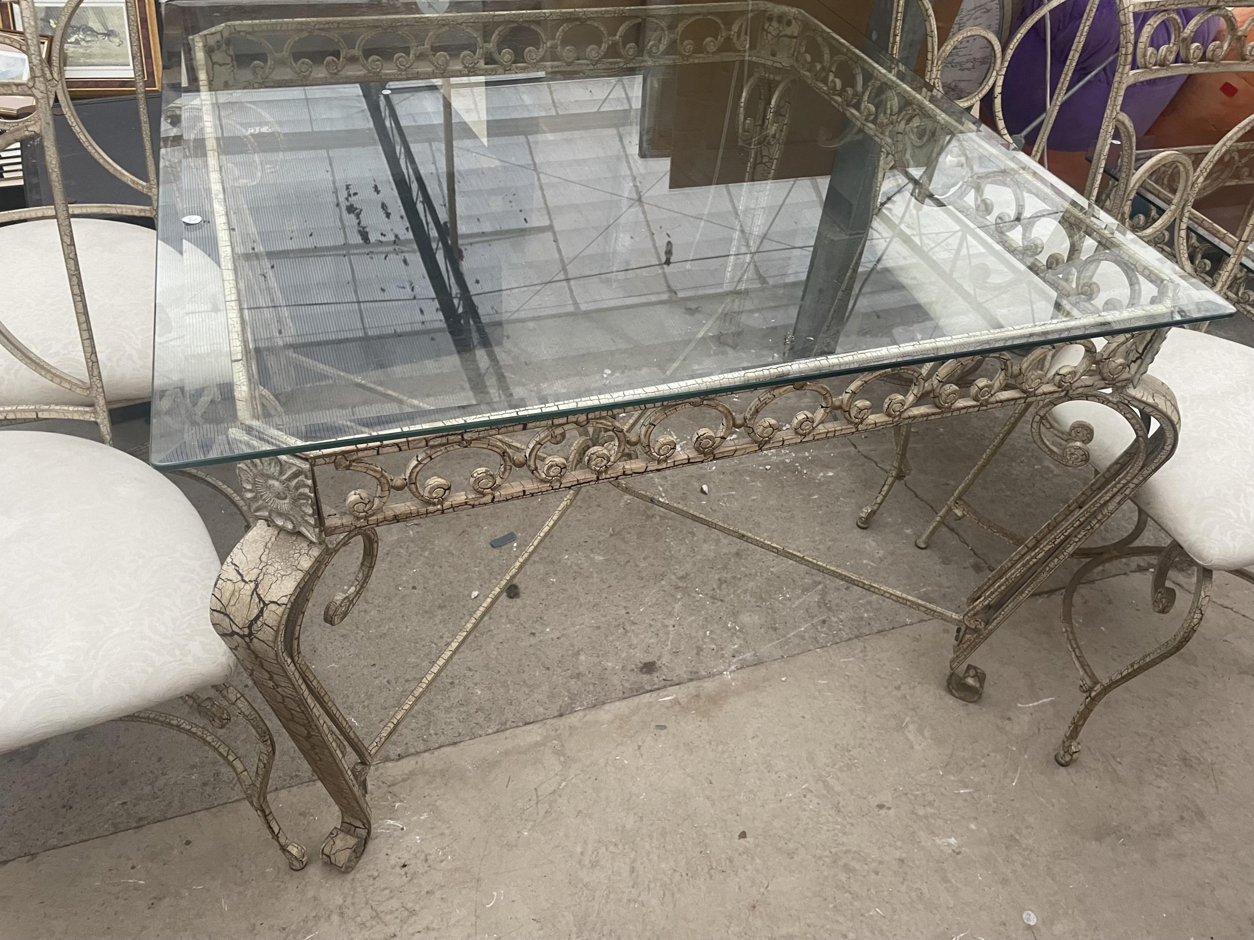 A METALWARE FRAMED GLASS TOP DINING TABLE WITH CRACKLE WARE DECORATION, FOUR MATCHING CHAIRS AND A - Image 7 of 12