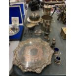 A QUANTITY OF SILVER PLATED ITEMS TO INCLUDE A SALVER, ICE BUCKET, COFFEE POT, SERVING DISH WITH