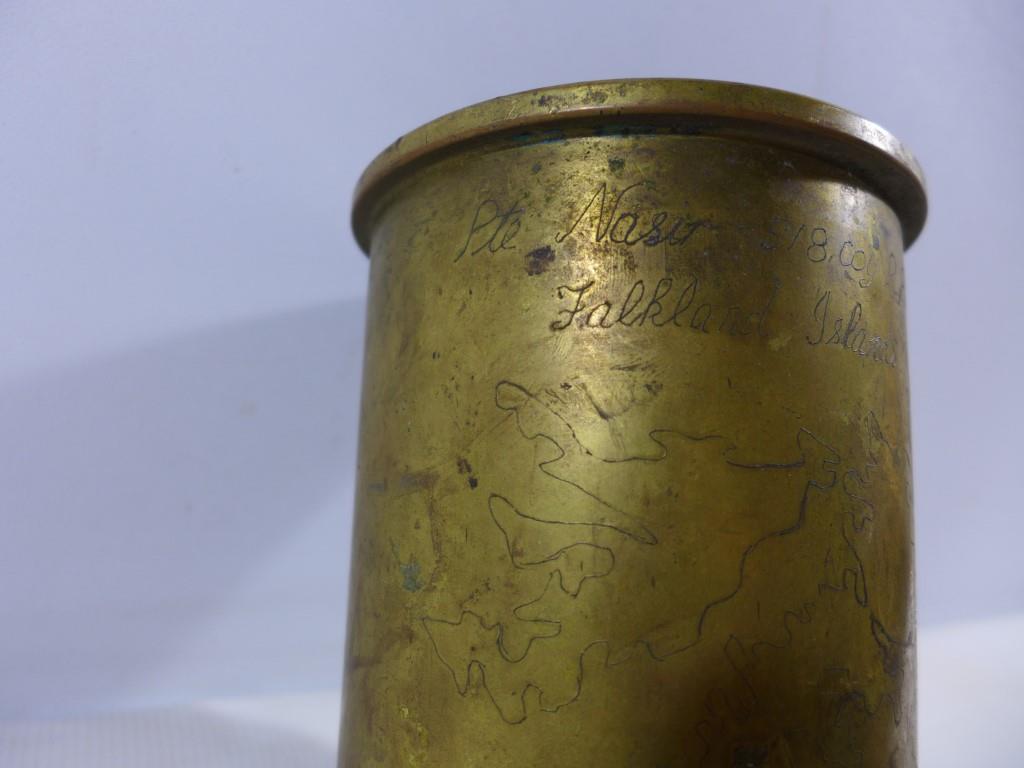 A FALKLAND ISLANDS 105MM SHELL CASE DATED 1978, THE 17CM HIGH SHELL CASE WITH INSCRIPTION 'PTE NASIR - Image 2 of 6