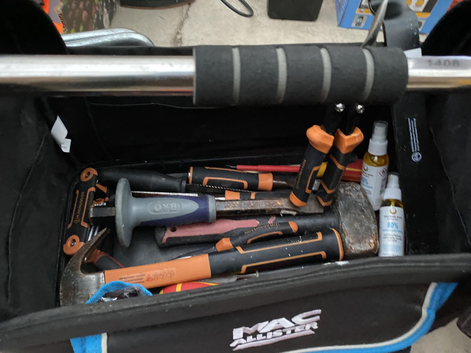 A MACALLISTER TOOL BAG AND AN ASSORTMENT OF TOOLS TO INCLUDE WINDOW GRIPPERS AND DRILL BITS ETC - Image 2 of 3