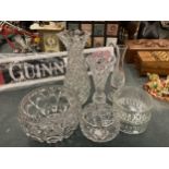 A QUANTITY OF CUT GLASS ITEMS TO INCLUDE A ROSE BOWL, VASES, BOWLS, ETC