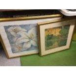 TWO LARGE FRAMED PRINTS ONE OF LILIES THE OTHER A HOUSE