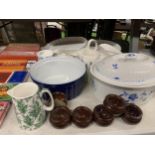 TWO CERAMIC FLAN DISHES, SERVING DISHES, JUGS, BUTTER DISHES, ETC