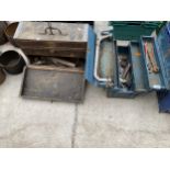 TWO VINTAGE TOOL BOXES AND AN ASSORTMENT OF TOOLS TO INCLUDE SPANNERS ETC