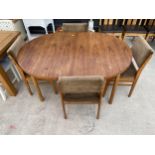 A RETRO TEAK EXTENDING DINING TABLE, 59X44" (LEAF 23") AND FOUR CHAIRS