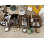 AN ASSORTMENT OF ITEMS TO INCLUDE LAMPS, A BEROMETER AND A FUNNEL ETC