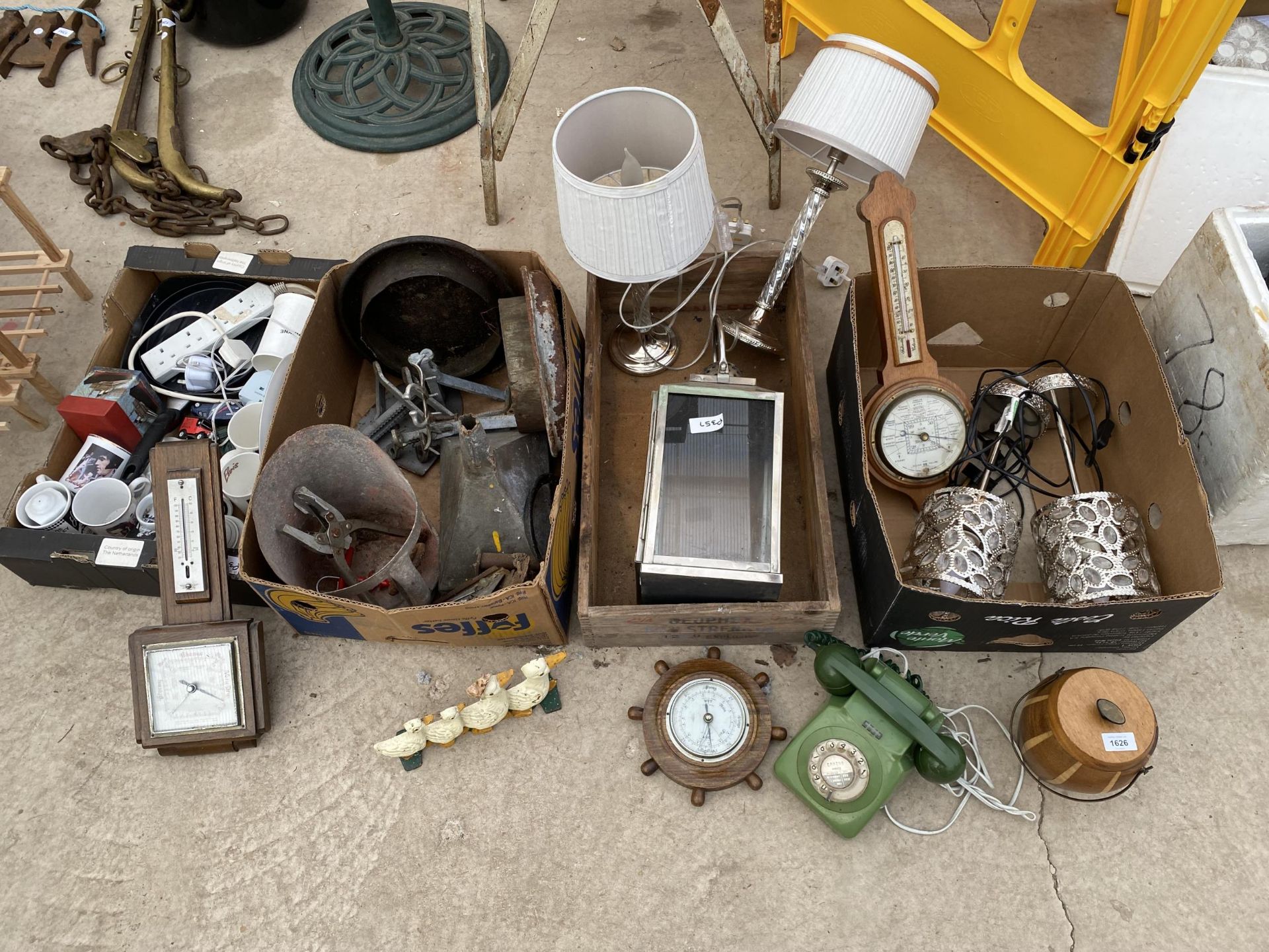 AN ASSORTMENT OF ITEMS TO INCLUDE LAMPS, A BEROMETER AND A FUNNEL ETC
