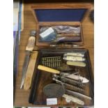 A VINTAGE TREEN CRUMB TRAY, QUANTITY OF VINTAGE PEN KNIVES, KNIFE RESTS, HUNTING KNIFE, BOXED