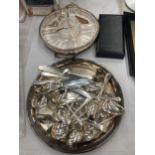 A GLASS NIBBLES DISH WITH SILVER PLATED BASE, TRAY AND A QUANTITY OF VINTAGE FLATWARE TO INCLUDE