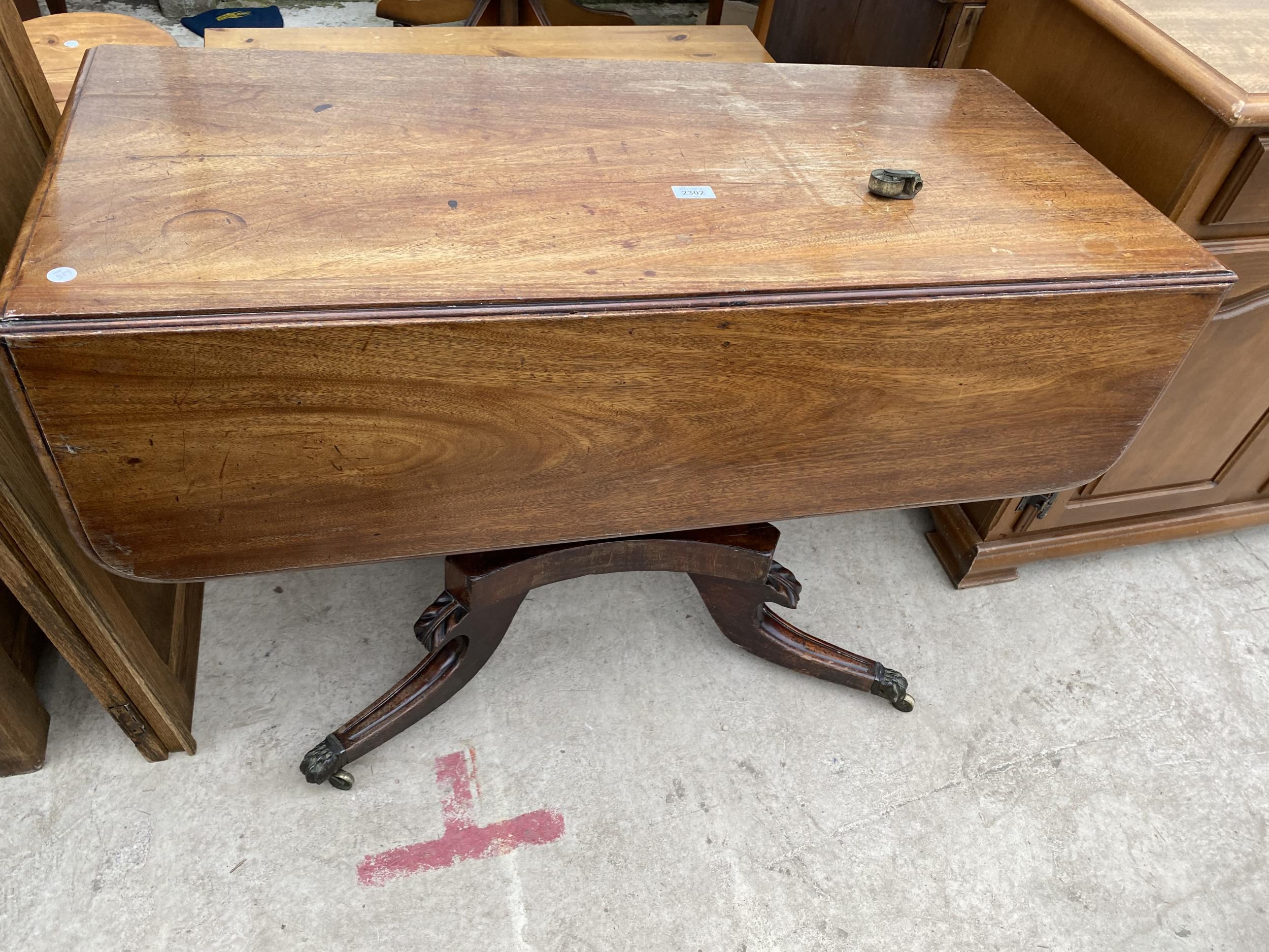 A 19TH CENTURY MAHOGANY DROP-LEAF PEDESTAL TABLE WITH SINGLE DRAWER, 41" SQUARE OPENED