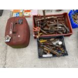 AN ASSORTMENT OF TOOLS TO INCLUDE A FUEL CAN, BRACE DRILLS AND CHISELS ETC