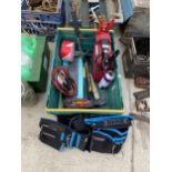 AN ASSORTMENT OF TOOLS TO INCLUDE JUMP LEADS AND HAMMERS ETC