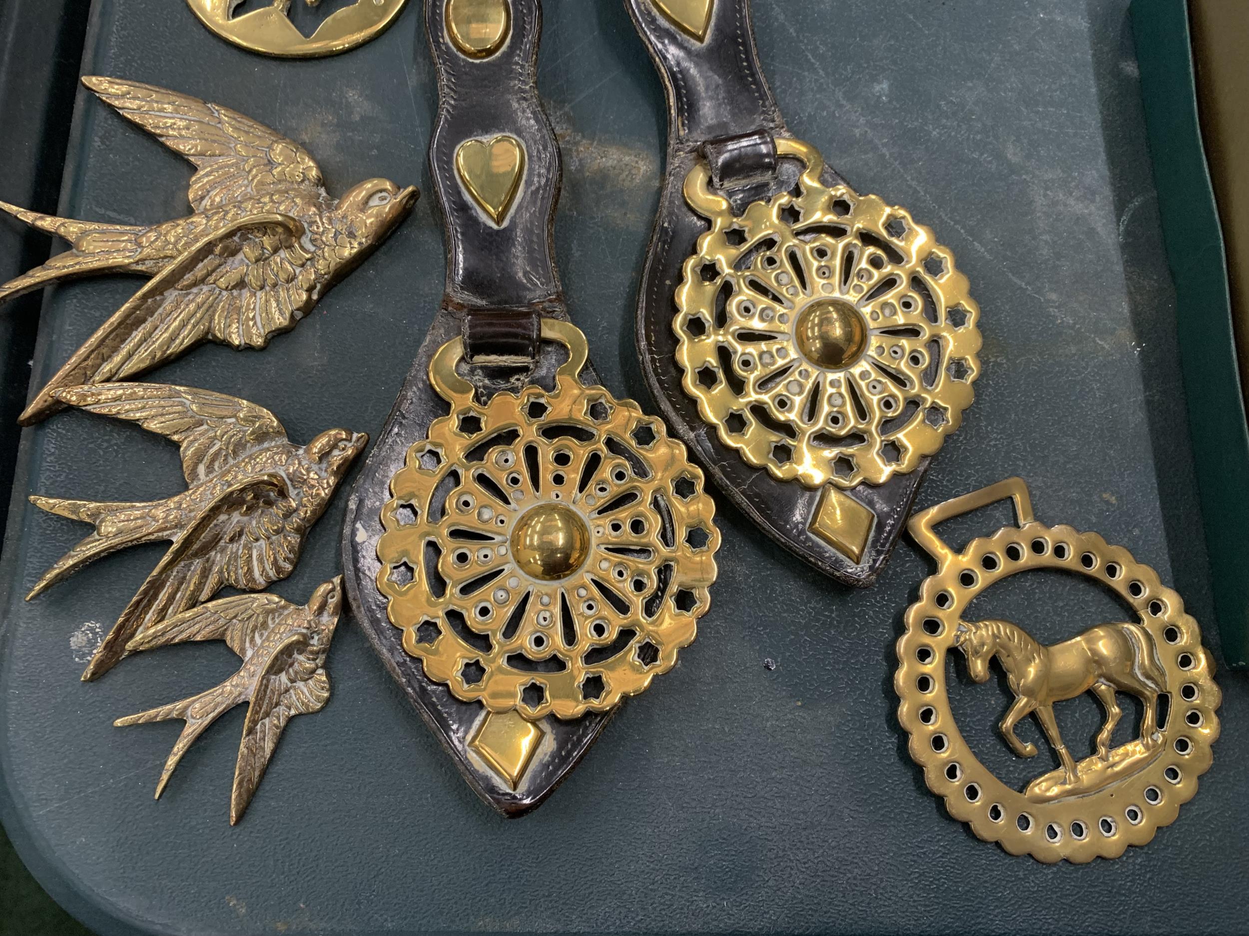 A QUANTITY OF HORSE BRASSES PLUS THREE GRADUATING BRASS SWIFT BIRDS - Image 2 of 3