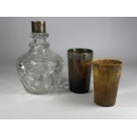 THREE ITEMS TO INCLUDE A HALLMARKED SILVER & CUT GLASS DECANTER (NO STOPPER) AND TWO VINTAGE HORN