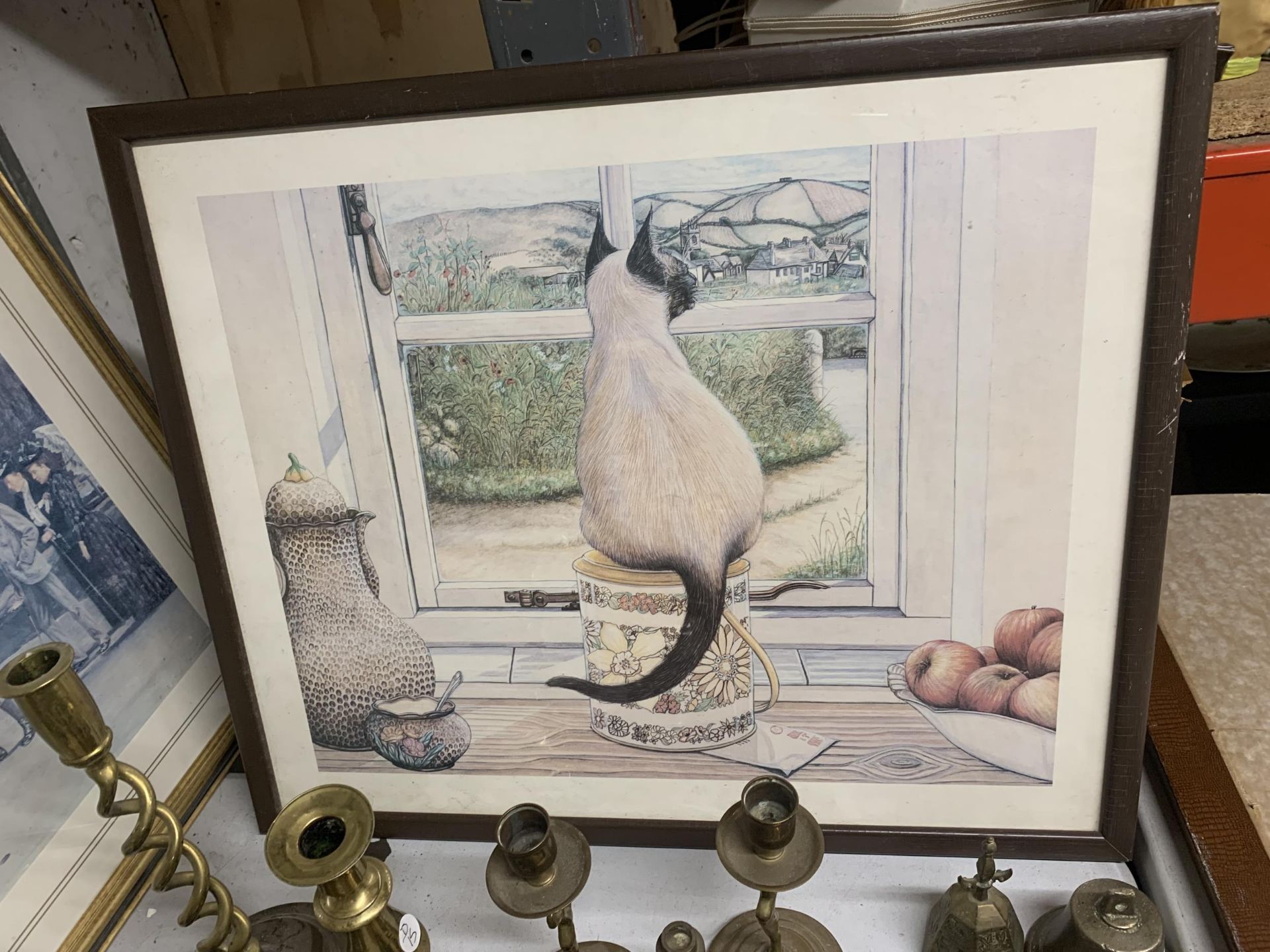 A FRAMED PRINT OF A SIAMESE CAT