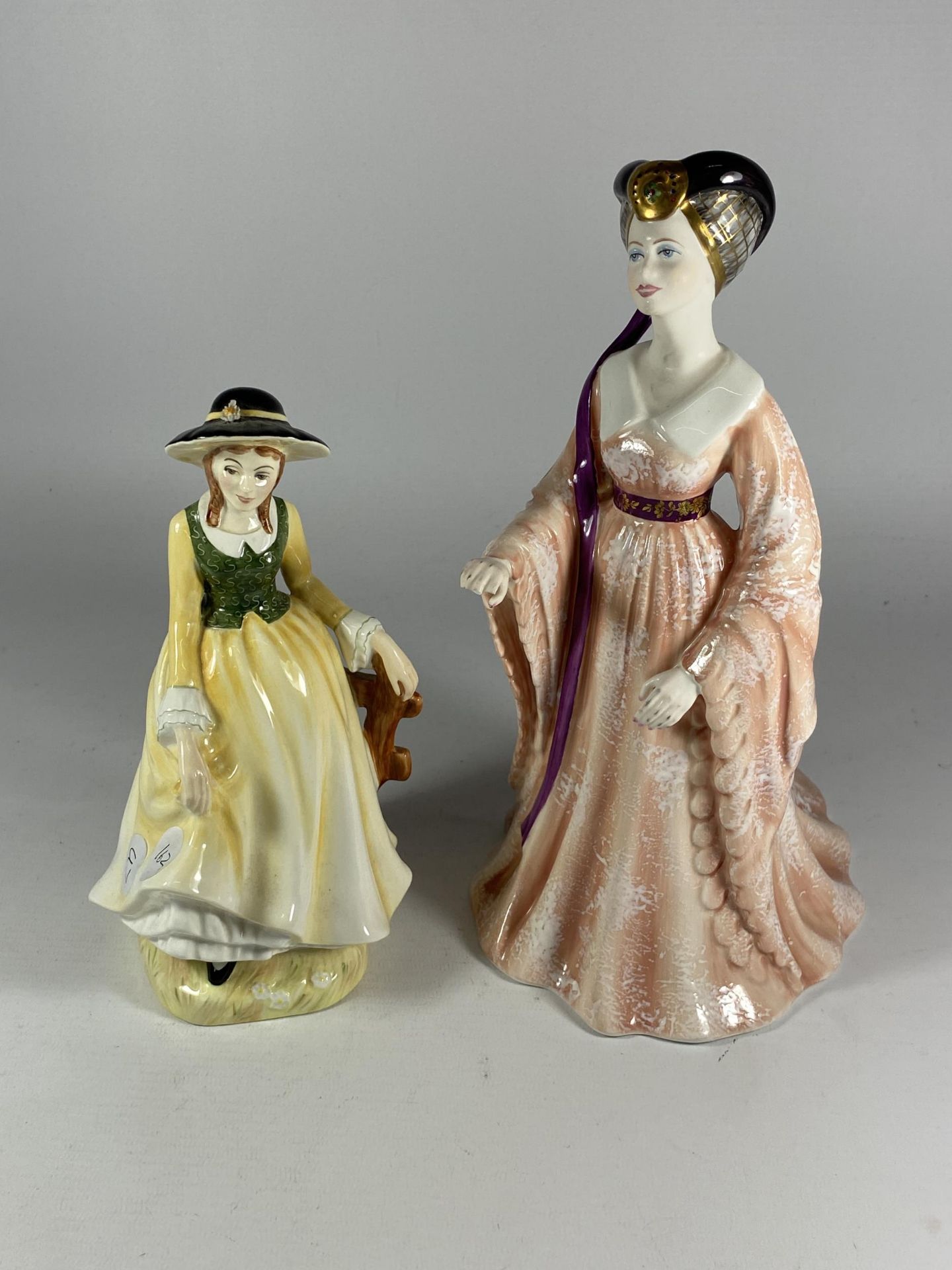 TWO CERAMIC LADY FIGURES TO INCLUDE A COALPORT HOUSE OF LANCASTER & ELEGANCE (A/F)