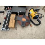 AN ASSORTMENT OF TOOLS TO INCLUDE A HOSE REEL, A PET DRYER AND A TILE CUTTER ETC
