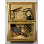 A BOX OF ASSORTED ITEMS TO INCLUDE THREE GOLD PLATED SWIVEL FOBS ETC