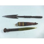 AN AFRICAN KNIFE AND SCABBARD, 14CM BLADE, 34CM SPEAR HEAD (2)