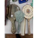 A SILVER PLATED HAND MIRROR, A PETIT POINT BACKED MIRROR, ART DECO STYLE BRUSH, ETC