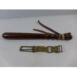 A WOODEN TRUNCHEON, LENGTH 40CM AND A CANVAS STRAP (2)