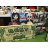 THREE LARGE CANVAS PRINTS - DC SUPER HERO GIRLS, LONDON LANDMARKS AND 'THE BEST THINGS IN LIFE ARE