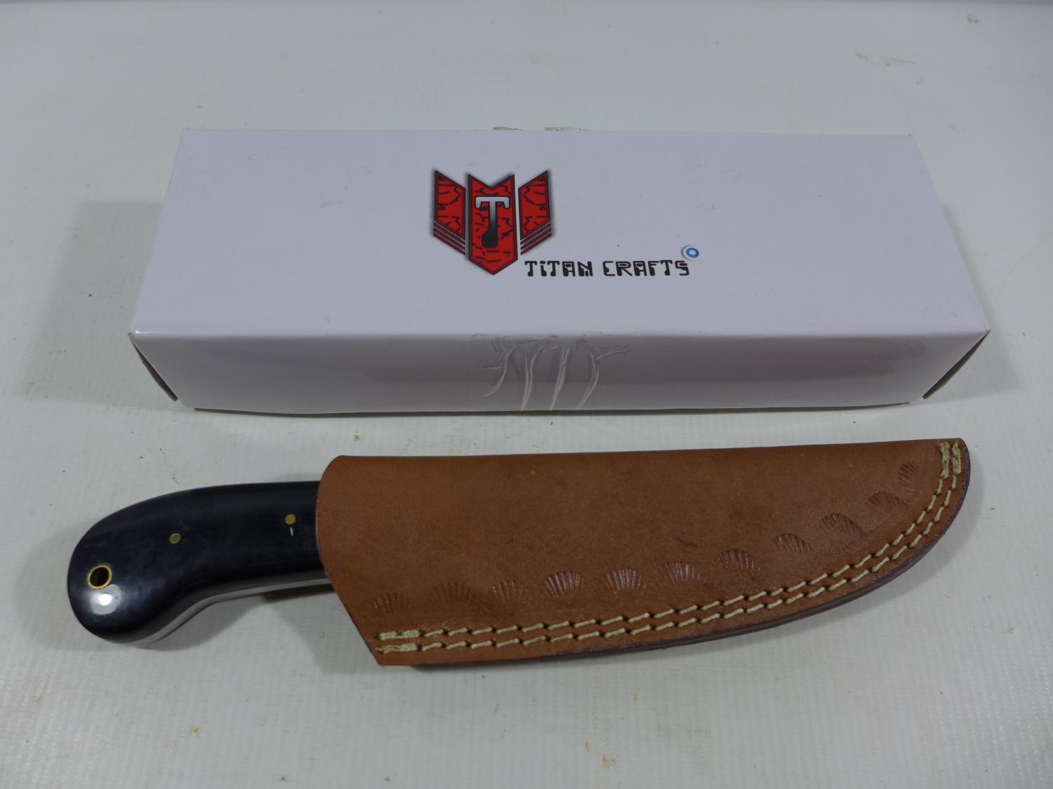 A BOXED TITAN CRAFTS KNIFE AND SCABBARD, 11CM DAMASCUS BLADE - Image 5 of 5