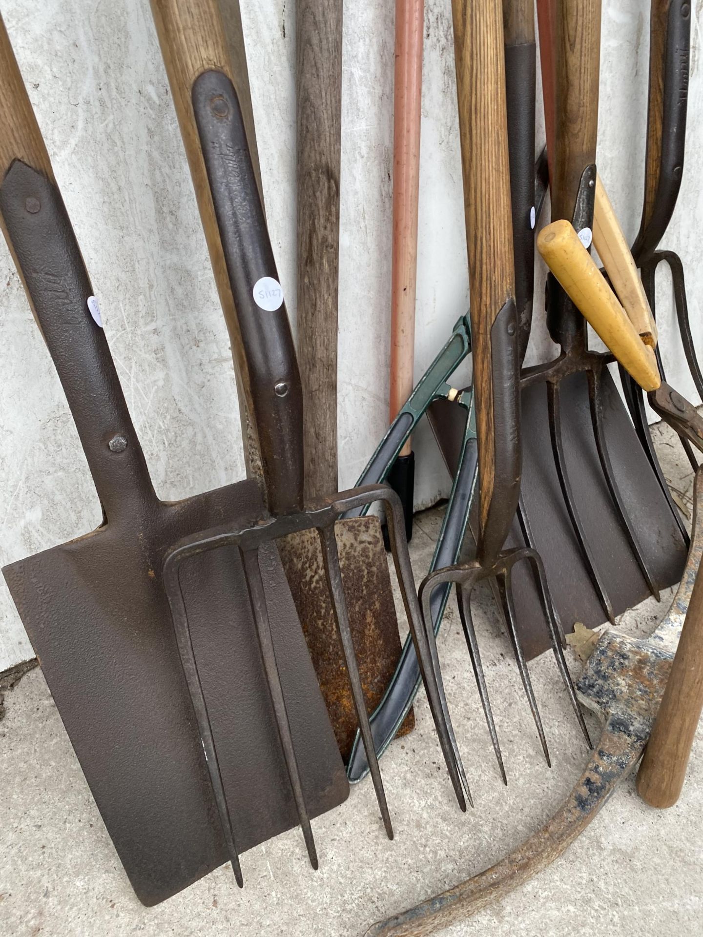 AN ASSORTMENT OF GARDEN TOOLS TO INCLUDE FORKS, SPADES AND A SHOVEL ETC - Image 3 of 3