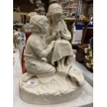 A LARGE ANTIQUE PARIAN WARE FIGURE OF A BOY & GIRL, HEIGHT 37CM