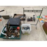 AN ASSORTMENT OF TOOLS AND HARDWARE TO INCLUDE HAMMERS, A GREASE GUN AND SOCKET BOXES ETC