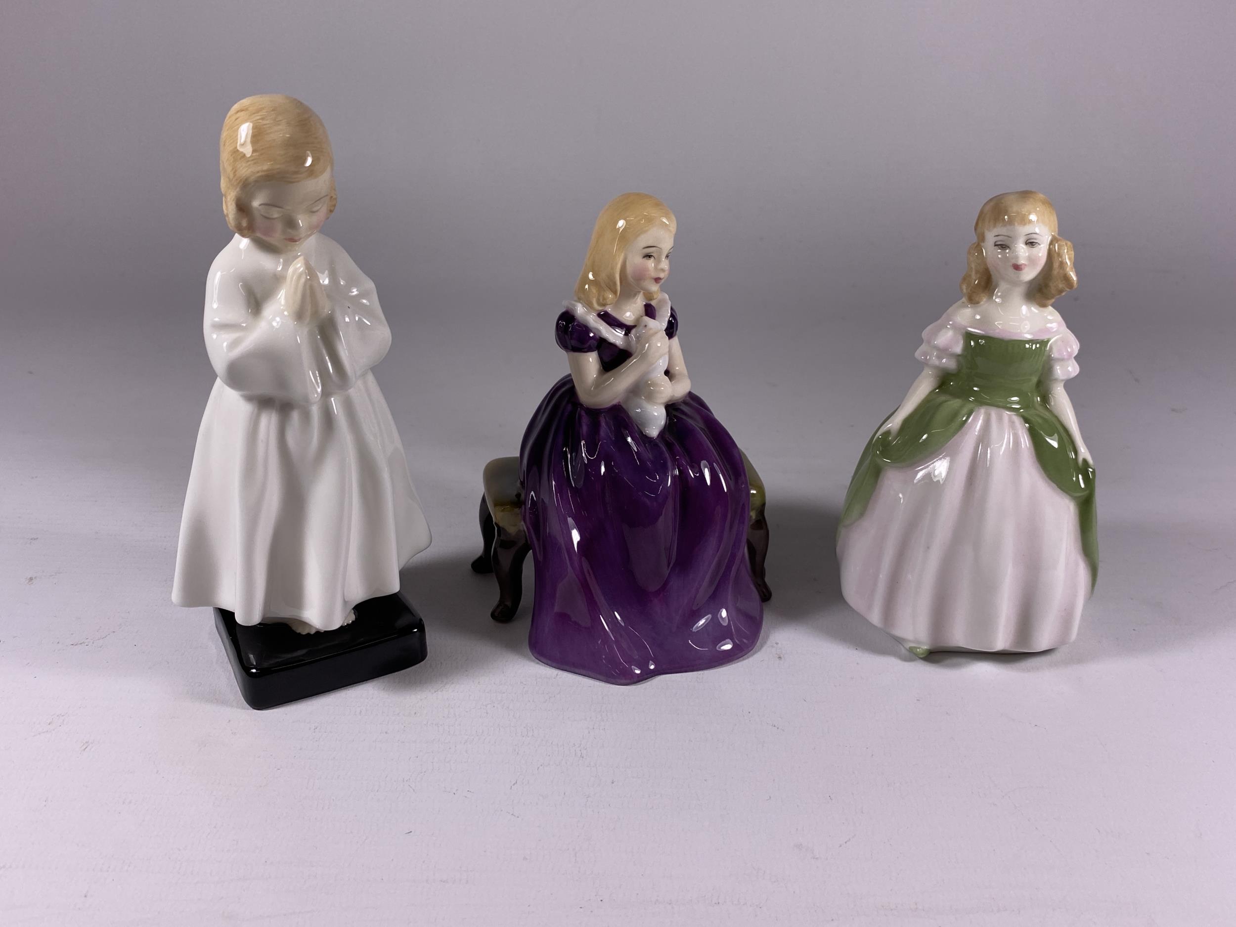 A GROUP OF THREE SMALL ROYAL DOULTON LADY FIGURES, BEDTIME HN1978, AFFECTION HN2236 & PENNY HN2338
