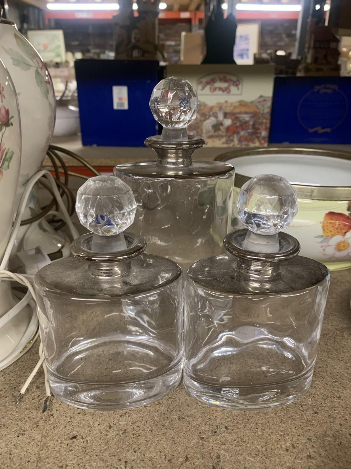 THREE GLASS DECANTERS, TRINKET BOXES, MIRRORED FLOWER HOLDER, ETC - Image 3 of 4