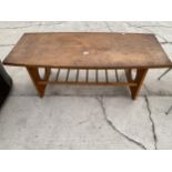 A RETRO TEAK COFFEE TABLE WITH MAGAZINE SHELF, 48X20"