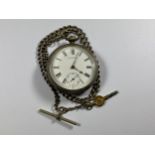 A HALLMARKED SILVER A.W.W. CO WALTHAM MASS OPEN FACED POCKET WATCH WITH SILVER PLATED ALBERT CHAIN