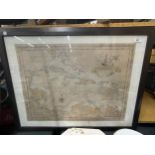 A FRAMED MAP OF SOUTH AMERICA 87CM X 68CM