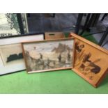 TWO WOODEN PICTURES WITH A FURTHER ONE SKETCHED FROM CHARCOAL